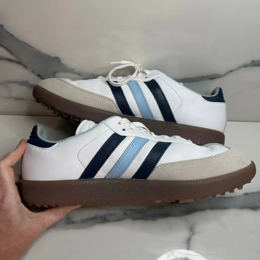 Adidas Men's White Leather Blue Stripe Gum Sole Samba Spikeless Golf Shoes Sz 12